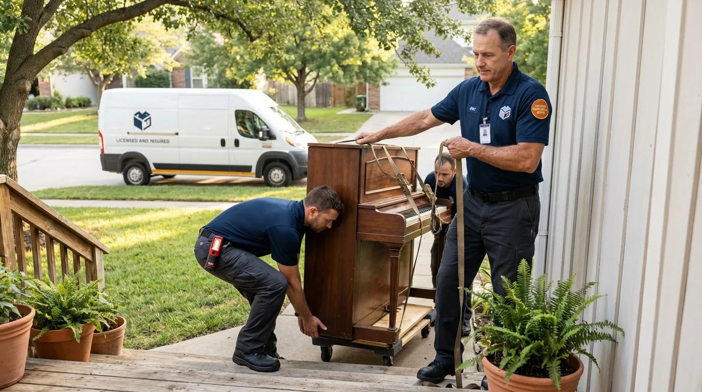 Licensed piano movers securing grand piano in Chestertown, MD
