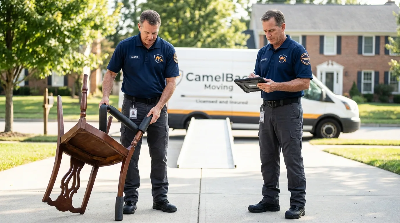 Movers inspecting furniture for damage prevention before loading in Chestertown, MD